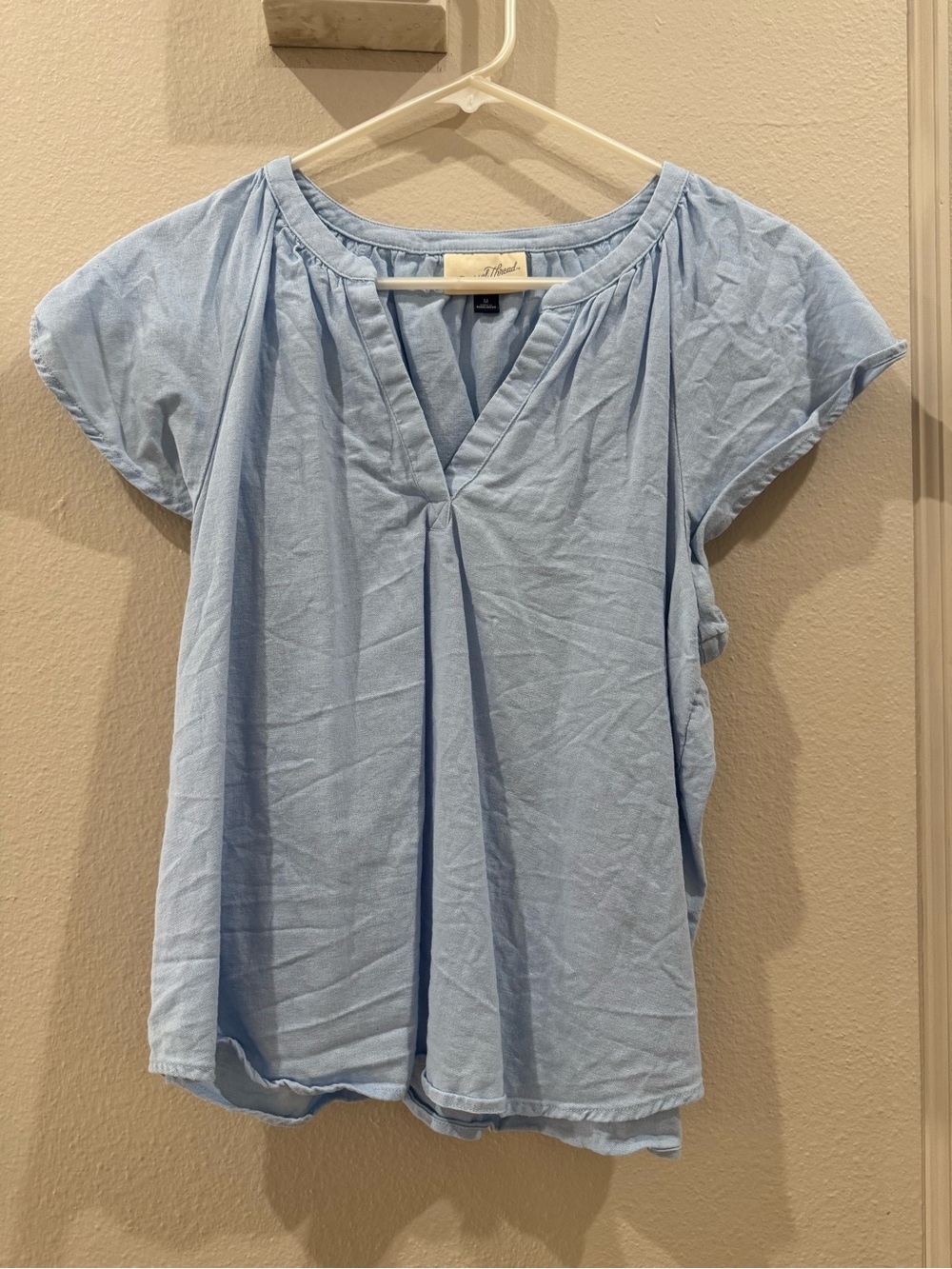 Universal Thread Linen V Neck Flutter Sleeve Blouse Blue Medium